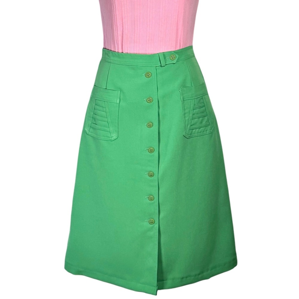 Vintage 70s Green A-Line Skirt Size 4 Button Front Groovy Mod Dopamine Retro